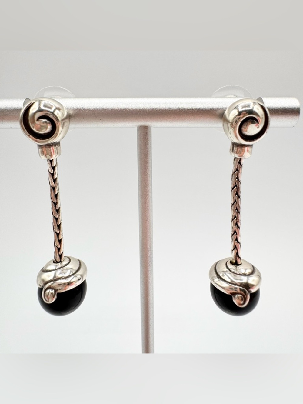 Vintage Brighton “Black Cherry” Onyx & Silver Plated Earrings Linear Drop Unique